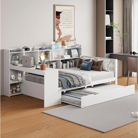 Łóżko dziecięce 90x200 cm - z gniazdem USB, półkami - drewno - białe