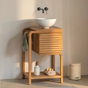Zestaw Mebli Łazienkowych Bradley Z Drewna Tekowego Okrągły Biały Ceramiczny Ø30 Cm Calgari & Bezlusterkowiec & - Sklum