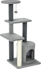 PawHut Drapak 103 cm z domkiem dla kota, platformami, słupkami owiniętymi sizalem, pluszową zawieszką, szary | Aosom PL
