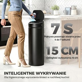 HOMCOM 50 L Kosz na śmieci z czujnikiem i funkcją Soft-Close, bezdotykowy kosz ze stali nierdzewnej do higienicznej kuchni