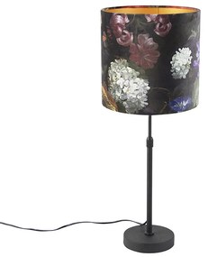 Lampa stołowa czarna z abażurem z aksamitu w kwiaty ze złotem 25 cm - Parte klasyczny/Antyczny Oswietlenie wewnetrzne