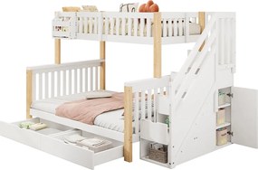 Łóżko piętrowe dla dzieci z pojemnikiem - 140 x 200 cm - z szufladą i szafką schodową - Drewno lite - biały + naturalny