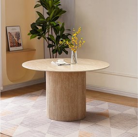 Okrągły stół jadalniany dla 4 osób – Blat z ceramiki w efekcie beżowego trawertynu – ESME