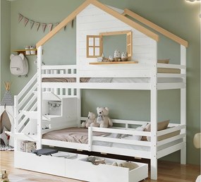 Łóżko piętrowe 90x200 cm - z schodami do przechowywania - z 2 szufladami - z dachem i oknami - Drewno lite + MDF - Białe + Naturalne