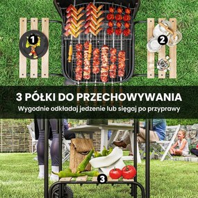Outsunny Grill węglowy ze stali, przenośny, z zamykaną pokrywą, rusztem, kółkami i półkami, 98 x 54 x 91 cm, czarny | Aosom PL