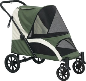 PawHut Składany Wózek dla Psów, Buggy dla Dużych Psów z 4 Kołami, Pasami Bezpieczeństwa, Hamulcami, Ciemnozielony