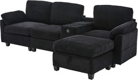 Sofa 3-osobowa, sofa sztruksowa z pufem i szufladami, 2 uchwytami na kubki i portem USB - czarna