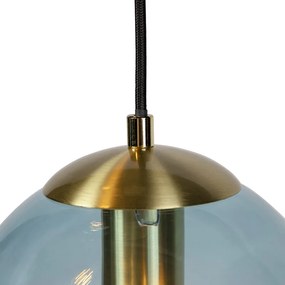 Lampa wisząca art deco mosiądz okrągła 3-źródła światła niebieskie szkło - Pallon ArtDeco Oswietlenie wewnetrzne