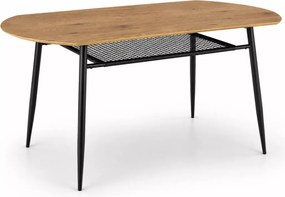 Zaowalony stół Vero 160 x 90 cm z eleganckim blatem w odcieniu złotego dębu i czarnymi nogami oraz półką pod blatem