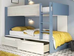 Łóżko piętrowe 2 x 90 x 200 cm - 2 szuflady - Niebieski, naturalne drewno i biały - TINOLI