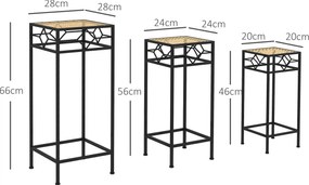 Outsunny Stojak na Rośliny, Zestaw 3 szt., okrągłe, składany, z efektem rattanu, metalowe nogi, do użytku wewnątrz i na zewnątrz, Czarno/Złoto