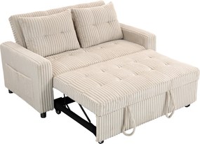 HOMCOM Sofa 2-osobowa z funkcją spania, sztruks, rozkładana, 2 poduszki, kieszenie boczne, 157 x 190 cm, Cremeweiß
