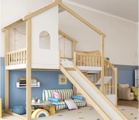 Łóżko piętrowe 90×200 cm - z drabiną schowkową - ze zjeżdżalnią - z barierkami bezpieczeństwa - naturalny + biały (materac nie jest dołączony)