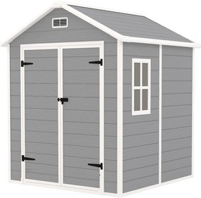 Outsunny Szopa ogrodowa, Schowek na narzędzia z podłogą, zamknięte drzwi, otwory wentylacyjne, okno, wygląd drewna, Tworzywo sztuczne, Szary