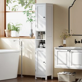 HOMCOM Wysoka smukła szafka łazienkowa z drzwiami, otwarte półki, 30 x 30 x 170 cm, Biały