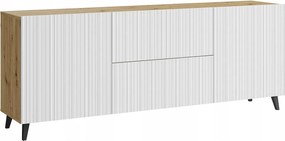 Nowoczesna szafka RTV 180 cm dąb artisan z białymi frontami ryflowanymi, 2 szuflady i 2 szafki boczne