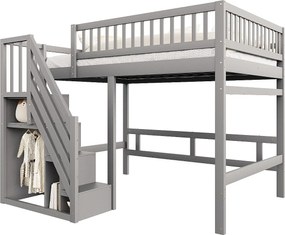 Łóżko mezzanine 140x200cm - ze schodami z miejscem do przechowywania - drewno lite + sklejka + MDF - Szary