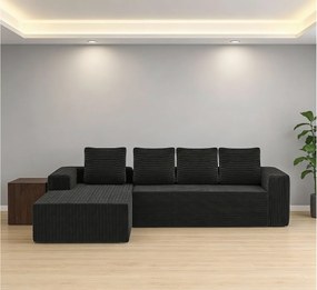 Modułowa kanapa narożna lewa - Welur prążkowany Czarny - 4-osobowa - 4 poduszki i 150cm szezlong - 261x171x58cm