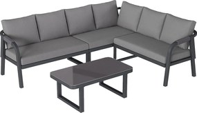 Salon Ogrodowy Narożny 6 Osób - Kanapa w Kształcie L z Wykończeniem z Plecionego Sznurka - Stolik Kawowy ze Szkła Hartowanego - Wytrzymała Stal Ocynkowana - Szary