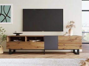 Nowoczesna szafka RTV z 2 drzwiami, 2 szufladami i 2 wnękami - MDF, drewno i metal - kolor dąb i czarny