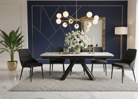 Elegancki stół z białym ceramicznym blatem na hartowanym szkle. Metalowa podstawa z czarnej stali nadaje mu nowoczesny charakter i wyjątkową trwałość.