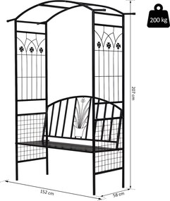 Outsunny Łuk Ogrodowy z Ławką Metalowa Brama Pergola Kratka dla Roślin Wspinających Czarny 152x58x207cm | Aosom PL