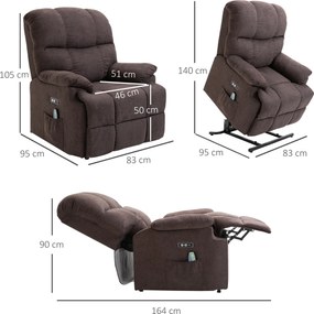 HOMCOM Fotel masujący z funkcją wstawania i ogrzewania regulowany kąt nachylenia z pilotem plusz brązowy | Aosom PL