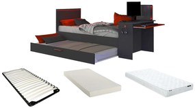 Łóżko wysuwane gamer 90 × 200 cm i 90 × 190 cm – z biurkiem – oświetlenie LED – kolor antracytowy i czerwony z materacem i stelażem – VOUANI