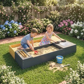 AIYAPLAY Piaskownica 2-częściowa 150x90 cm drewniana z siedziskiem, schowkiem, płytą grzewczą, wyjmowanym zlewozmywakiem i koralikami abakusa, żółta | Aosom PL