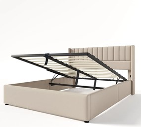 Łóżko tapicerowane dwuosobowe ze schowkiem - 160 x 200 cm - Materac + Zagłówek - lite drewno + len + metal - Beżowe