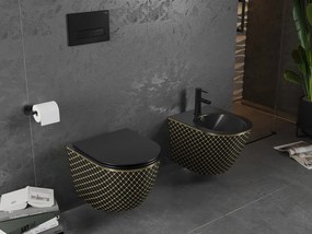 Mexen Lena miska wc Rimless z deską wolnoopadającą slim, duroplast, czarna mat/złota wzór kratka - 30224079