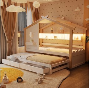 Łóżko dziecięce kabinowe - 90 x 200 cm - z łóżkiem wysuwanym 90 x 190 cm - z 2 szufladami + porty USB i Type-C + diody LED + półki - drewno - naturalne