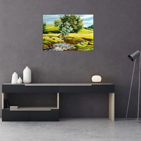 Obraz na szkle - rzeka między łąkami, obraz olejny (70x50 cm)