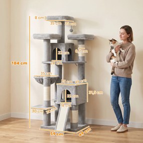 PawHut Duży drapak 184 cm — drzewko dla kota z 3 słupkami do drapania, miejscami do leżenia, zabawką, hamakiem i drabinką, dla kotów do 6 kg | Aosom PL