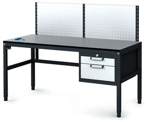 Alfa 3 Antystatyczny stół warsztatowy ESD z panelem perforowanym, 2 skrzynki szufladowe na narzędzia, 1600 x 800 x 745-985 mm