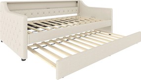 Sofa rozkładana 90x200 cm, łóżko wysuwane z oświetleniem LED i portem USB - len beżowy (bez materaca)