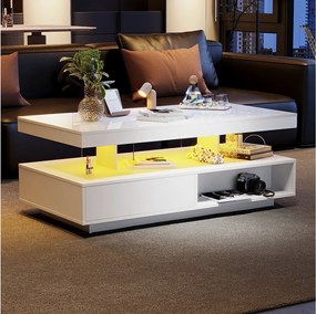 Biały błyszczący stolik kawowy 95x50x42,5 cm - z 4 szklanymi blatami, 2 szufladami i 2 otwartymi przegródkami, niska szafka w salonie, stolik kawowy