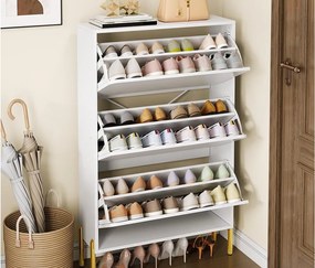 Nowoczesna szafa na buty 73x24x120 cm - 3 drzwi - 6-poziomowa półka na buty - złocone nogi - MDF - biały