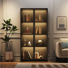 Witryna szklana - 80 x 40 x 160 cm - z diodami LED + 2-drzwiowa szafka z ruchomymi półkami - płyta wiórowa - czarna