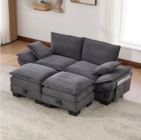 Zestaw wypoczynkowy z tkaniny sztruksowej, 2-osobowy - 190 x 132 x 84 cm - z 2 pufami ze schowkiem + port USB + kieszenie - ciemnoszary