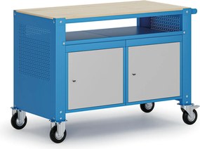 Mobilny stół warsztatowy G9, 1 półka, 2 szafki, 1180 x 595 x 865-1130 mm, szary/niebieski