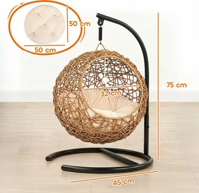 PawHut Łóżko dla kota z rattanu, jaskinia z poduszką do prania i piłeczką, dla kotów do 10 kg, 45 x 41 x 75 cm, jasnobrązowy | Aosom PL