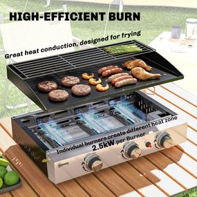 Outsunny Grill Gazowy 7,5 kW Przenośny Stołowy z 3 Palnikami Powłoka Ceramiczna Ruszt do Podgrzewania | Aosom PL
