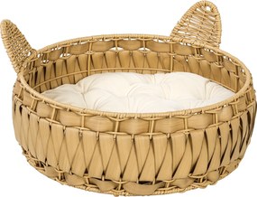 PawHut Legowisko rattanowe dla kota, jaskinia z odpinaną poduszką, kosz dla kotów do 10 kg, 50 x 50 x 25 cm, jasnobrązowy | Aosom PL