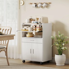 HOMCOM Szafka na mikrofalówkę, półka, szafa z podwójnymi drzwiami, szuflada, kółka, biały