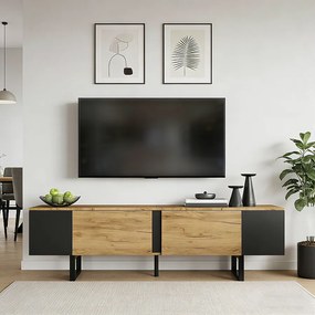 Stojak pod telewizor do salonu - 180 x 40 x 55 cm - z 2 drzwiami + otwarta przestrzeń do przechowywania - do telewizorów 75 cali - płyta wiórowa - naturalny