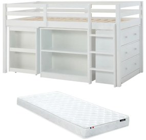 Łóżko piętrowe 90 x 190 cm ze schowkami i rozsuwanym biurkiem - Drewno sosnowe i MDF - Biały + Materac - ABRENO