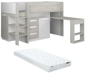 Łóżko na antresoli 90 x 200 cm - Z biurkiem i ze skrzynią  - Biały i naturalny + Materac - LOUKALA