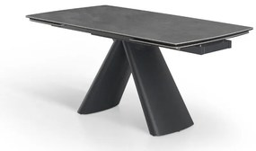 Elegancki stół z szarym ceramicznym blatem na hartowanym szkle. Metalowa podstawa z czarnej stali nadaje mu nowoczesny charakter i wyjątkową trwałość.