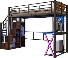 Łóżko piętrowe 90x200cm z oświetleniem LED - biurko + szafa + drabinka - czarne